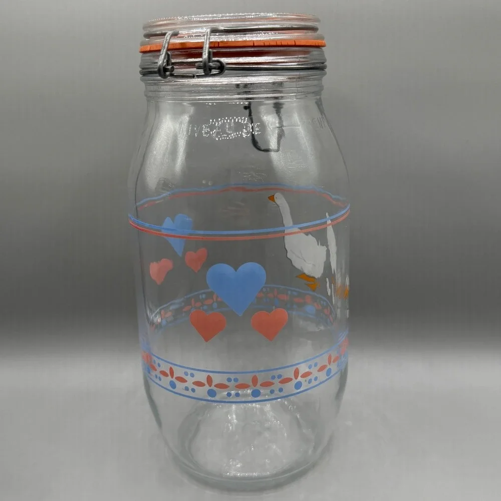 Vintage ARC France Hearts & Geese Glass Canister Set 4 Clamp Lid Wire Bail Jars